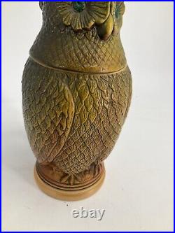 German Beer Stein Matthias Girmscheid Figural Owl Lid Vintage 1960 Green Eyes