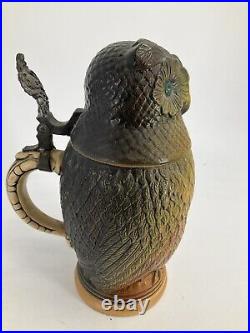 German Beer Stein Matthias Girmscheid Figural Owl Lid Vintage 1960 Green Eyes