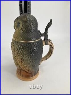 German Beer Stein Matthias Girmscheid Figural Owl Lid Vintage 1960 Green Eyes