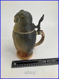 German Beer Stein Matthias Girmscheid Figural Owl Lid Vintage 1960 Green Eyes