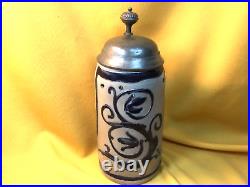 German Blue/Gray Saltglaze 1L Beer Stein with Pewter Lid Westerwalder