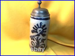 German Blue/Gray Saltglaze 1L Beer Stein with Pewter Lid Westerwalder