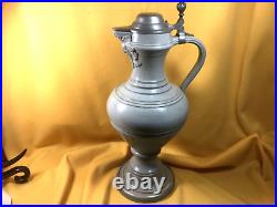 German C. 1900 Saltglaze 2 1/4L Beer Pitcher withPewter Lid and Foot Ring 15H