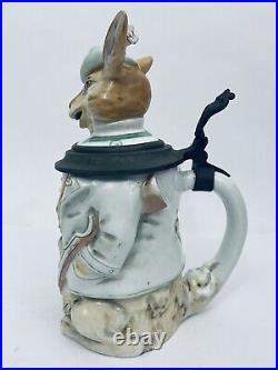 German Character Beer Stein Hunter Rabbit 8.25 Porcelain Hare Anthropomorphic