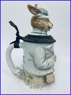 German Character Beer Stein Hunter Rabbit 8.25 Porcelain Hare Anthropomorphic