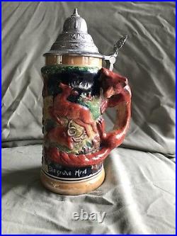 German Hand Painted Beer Stein With Dbgm Pewter LID Copyright Mr 722 Germany