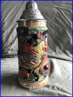 German Hand Painted Beer Stein With Dbgm Pewter LID Copyright Mr 722 Germany