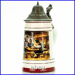 German Lidded Beer Stein Antique Porcelain Germany Mug 1900s Tavern Scene