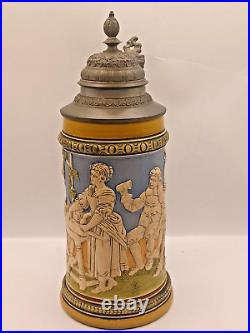 German Lidded Beer Stein, Haber & Reuther #455, Beer Garden Scene