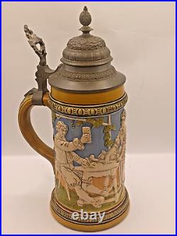 German Lidded Beer Stein, Haber & Reuther #455, Beer Garden Scene