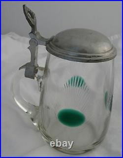 German Lidded Beer Stein Leaded Cut Etched Colored Glass Top 1900's