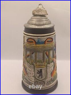 German Lidded Beer Stein featuring Berlin Wall with Authentic Stone