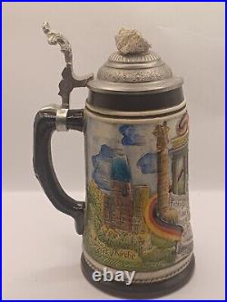 German Lidded Beer Stein featuring Berlin Wall with Authentic Stone