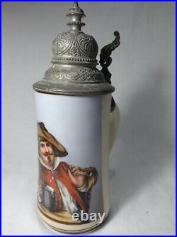 German Lidded Ceramic Beer Stein Pewter with Lithopane, Drinking Hand Painted