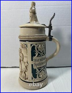 German Lidded Figurine Stoneware Beer Stein Set of 3 Etched and Painted -Stamped