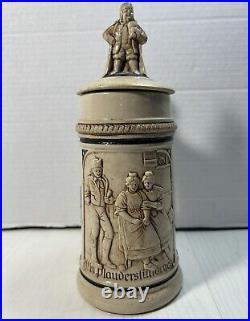 German Lidded Figurine Stoneware Beer Stein Set of 3 Etched and Painted -Stamped