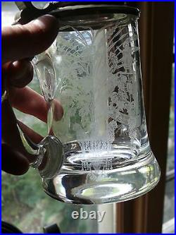 German Lidded Stein Leaded Cut Etched Glass Beer Barrel Man Funnel Top 1900's