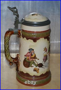 German Mettlach Pewter Inlay Beer Stein Gnomes 218/267 g