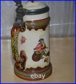 German Mettlach Pewter Inlay Beer Stein Gnomes 218/267 g