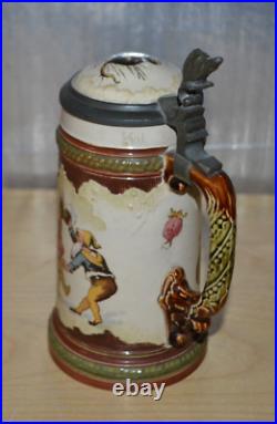 German Mettlach Pewter Inlay Beer Stein Gnomes 218/267 g