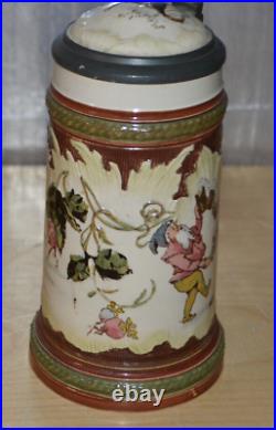 German Mettlach Pewter Inlay Beer Stein Gnomes 218/267 g