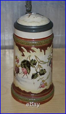 German Mettlach Pewter Inlay Beer Stein Gnomes 218/267 g