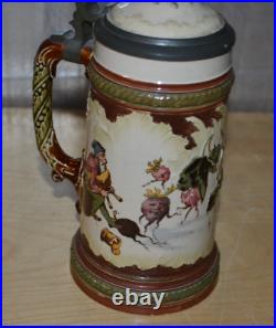 German Mettlach Pewter Inlay Beer Stein Gnomes 218/267 g