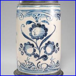 German Pewter-Mounted Tin Glazed Faience Beer Stein Antique 18th C 9 AS IS