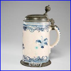 German Pewter Mounted Tin Glazed Faience Beer Stein Antique 18th Century 9
