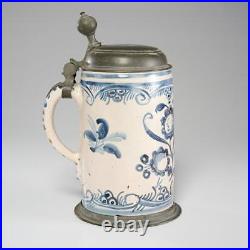German Pewter Mounted Tin Glazed Faience Beer Stein Antique 18th Century 9