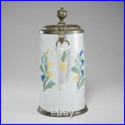 German Pewter-Mounted Tin Glazed Faience Beer Stein Antique 18th Century, 9.5 A