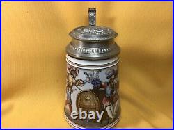 German Rare Porcelain c. 1880 Pewter Lidded Beer Stein withColor Lithophane