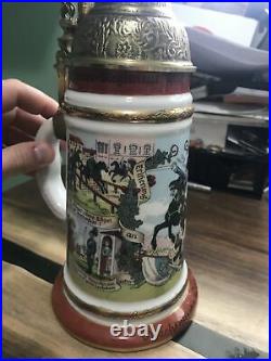 German Regimental Beer Stein Lithophane Porcelain with Brass Lid Wachtmeister