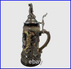 German Stein Depicts St. George the Dragon Slayer with Dragon Lid Beer Stein