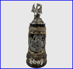 German Stein Depicts St. George the Dragon Slayer with Dragon Lid Beer Stein