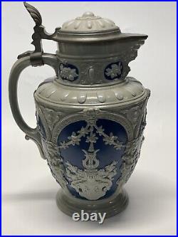 German Villeroy Boch Mettlach Pewter Lidded Pitcher Beer 11x7 vintage