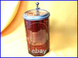 German c. 1880 Cranberry Overlay 0.4L Beer Stein withHamburg Bath Building