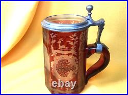 German c. 1880 Cranberry Overlay 0.4L Beer Stein withHamburg Bath Building