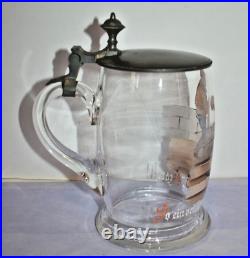 German glass beer stein Bowling pewter lid rare Hand Painted Antique