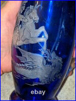 Gorgeous Etched German Blue Crystal Lidded Beer Stein Saint George Slays Dragon