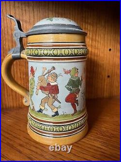 HR Hauber & Reuther 154 Antique German Etched Domed Lid Beer Stein Peasant Dance
