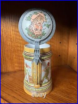 HR Hauber & Reuther 154 Antique German Etched Domed Lid Beer Stein Peasant Dance