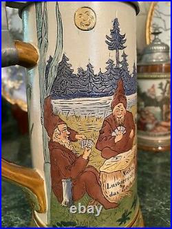HR Hauber & Reuther 526 Antique German Etched Lidded Beer Stein Gnomes in Forest