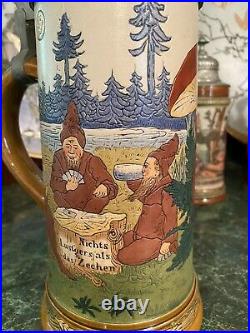 HR Hauber & Reuther 526 Antique German Etched Lidded Beer Stein Gnomes in Forest