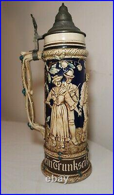 HUGE antique figural painted German pottery pewter lidded beer stein mug tankard