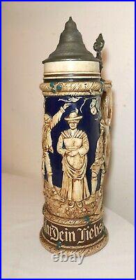 HUGE antique figural painted German pottery pewter lidded beer stein mug tankard