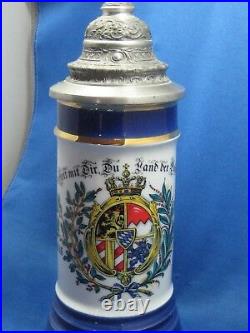 Huge 10.5 Handmade German 22 Gold Beer Stein Mug Pewter Lid Embossed & Marked