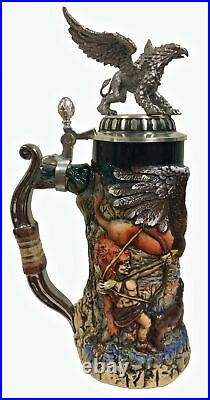 Hunters and Griffin with 3D Pewter Lid LE German Stoneware Beer Stein. 75 L