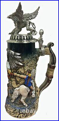 Hunters and Griffin with 3D Pewter Lid LE German Stoneware Beer Stein. 75 L