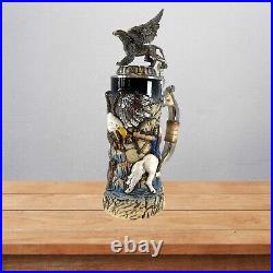 Hunters and Griffin with 3D Pewter Lid LE German Stoneware Beer Stein. 75 L